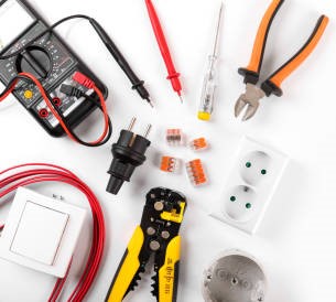 electrician equipment on white background with copy space